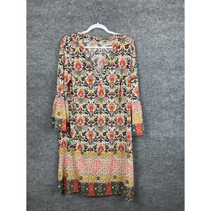 Tacera Shift Dress Floral Printed 3/4 Bell Sleeve Midi Colorful Bohemian Pattern